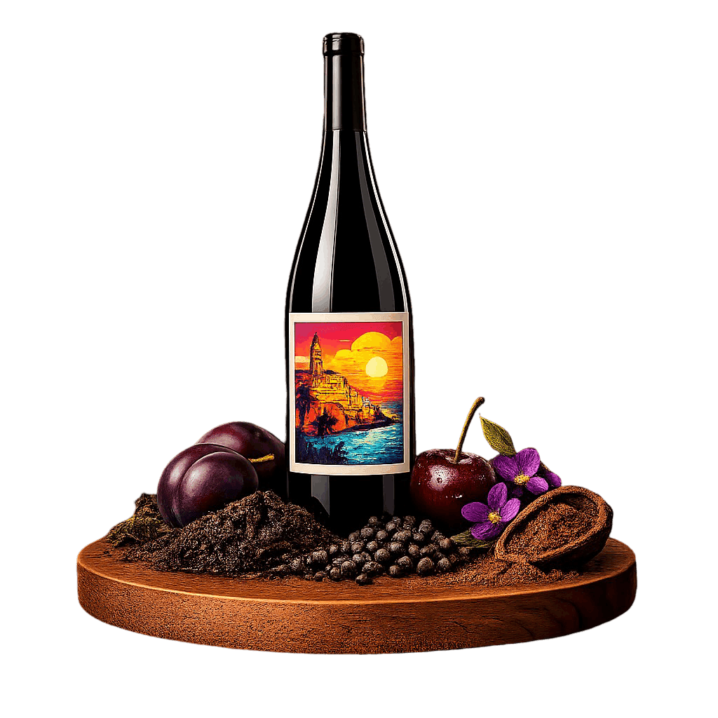 Artistic label and flavor profile for Israeli Argaman on a rustic wooden table.