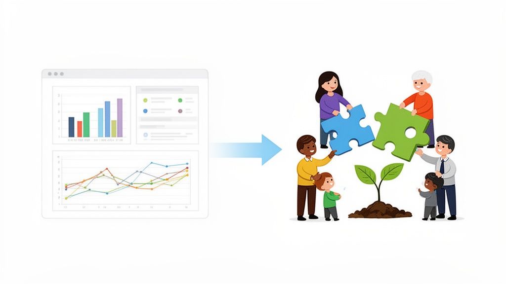 Dashboard charts transforming into diverse people collaborating to build a sustainable future with puzzle pieces.