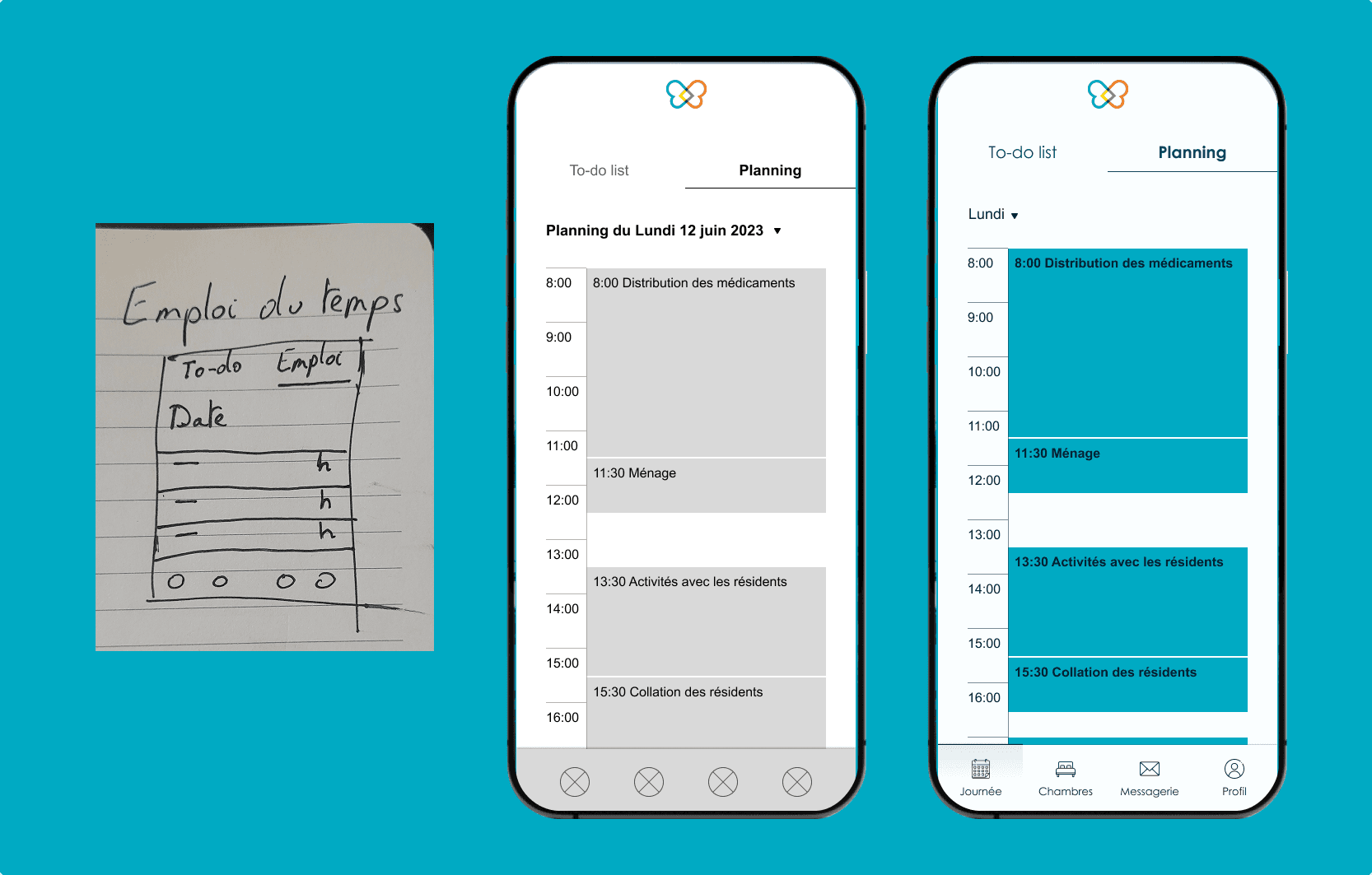 Evolution wireframe -> Prototype medium-fidelity -> Prototype high-fidelity de la fonctionnalité Planning de l'application.