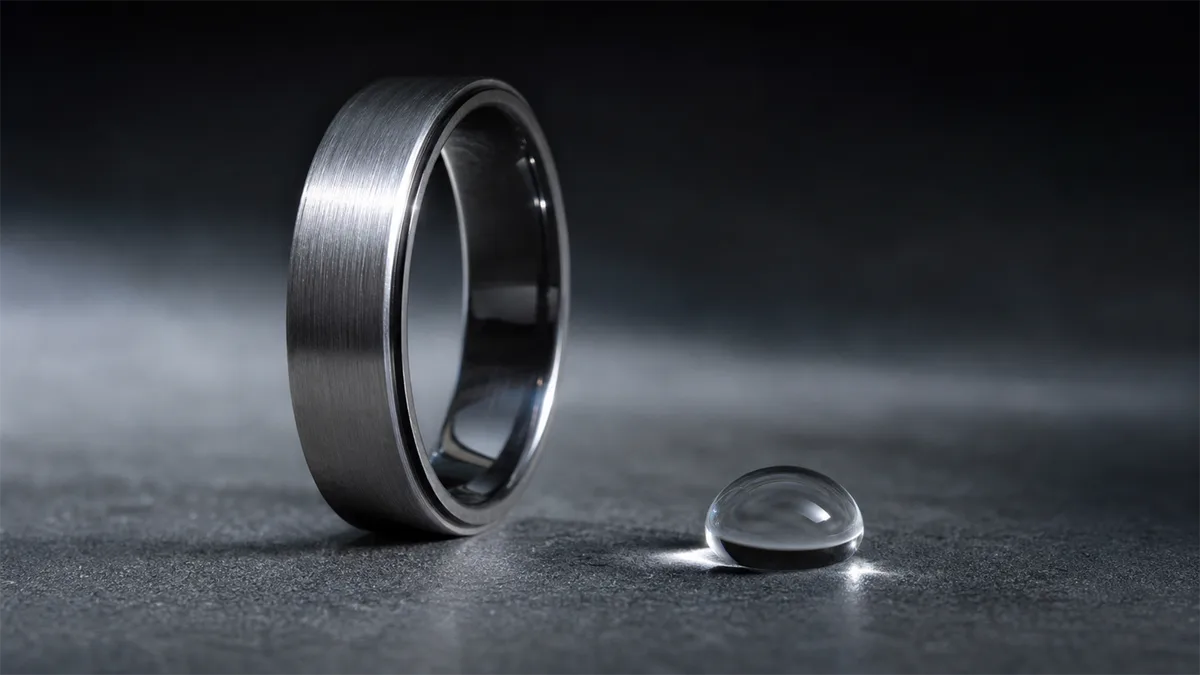A plain metal zikr ring beside one water droplet under cool directional light
