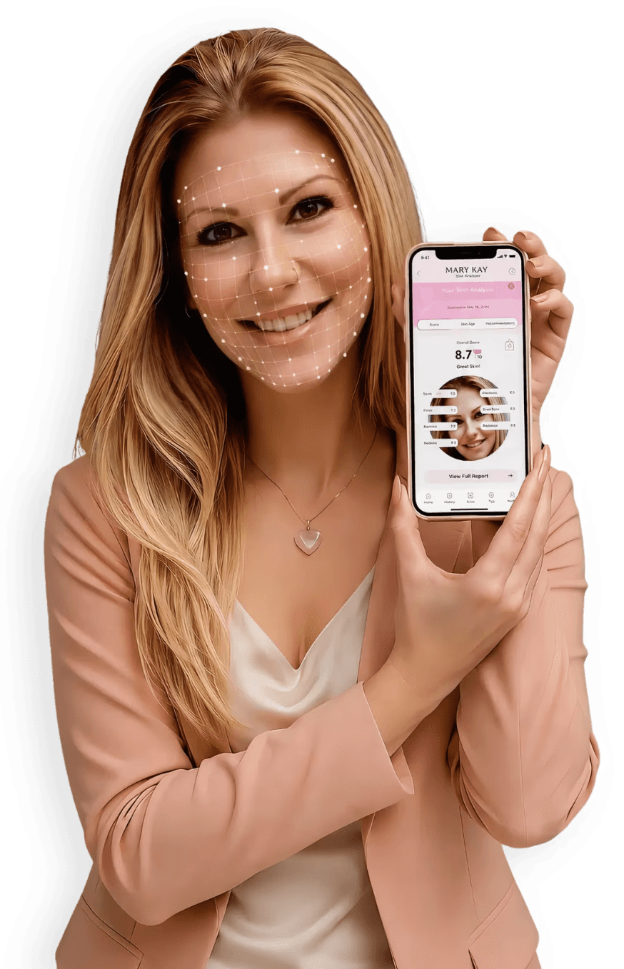Mari Morales usando o Skin Analyzer Mary Kay pelo celular para análise de pele online