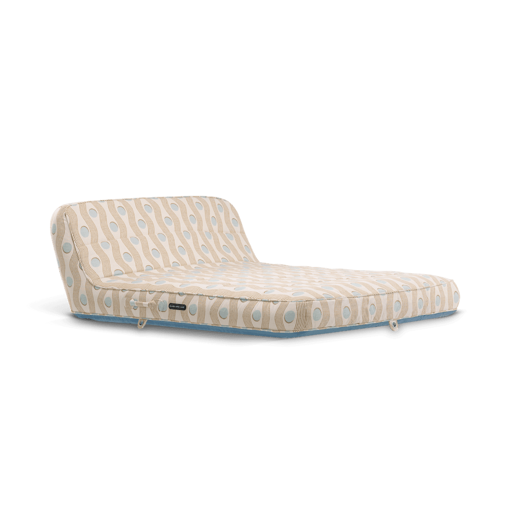 Luxury double pool float in cream geometric-weave fabric with light blue accents