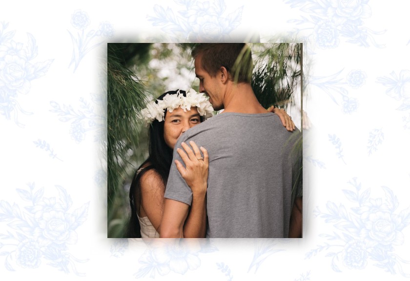 Romantic engagement party invite with vintage toile print and couple photo insert.