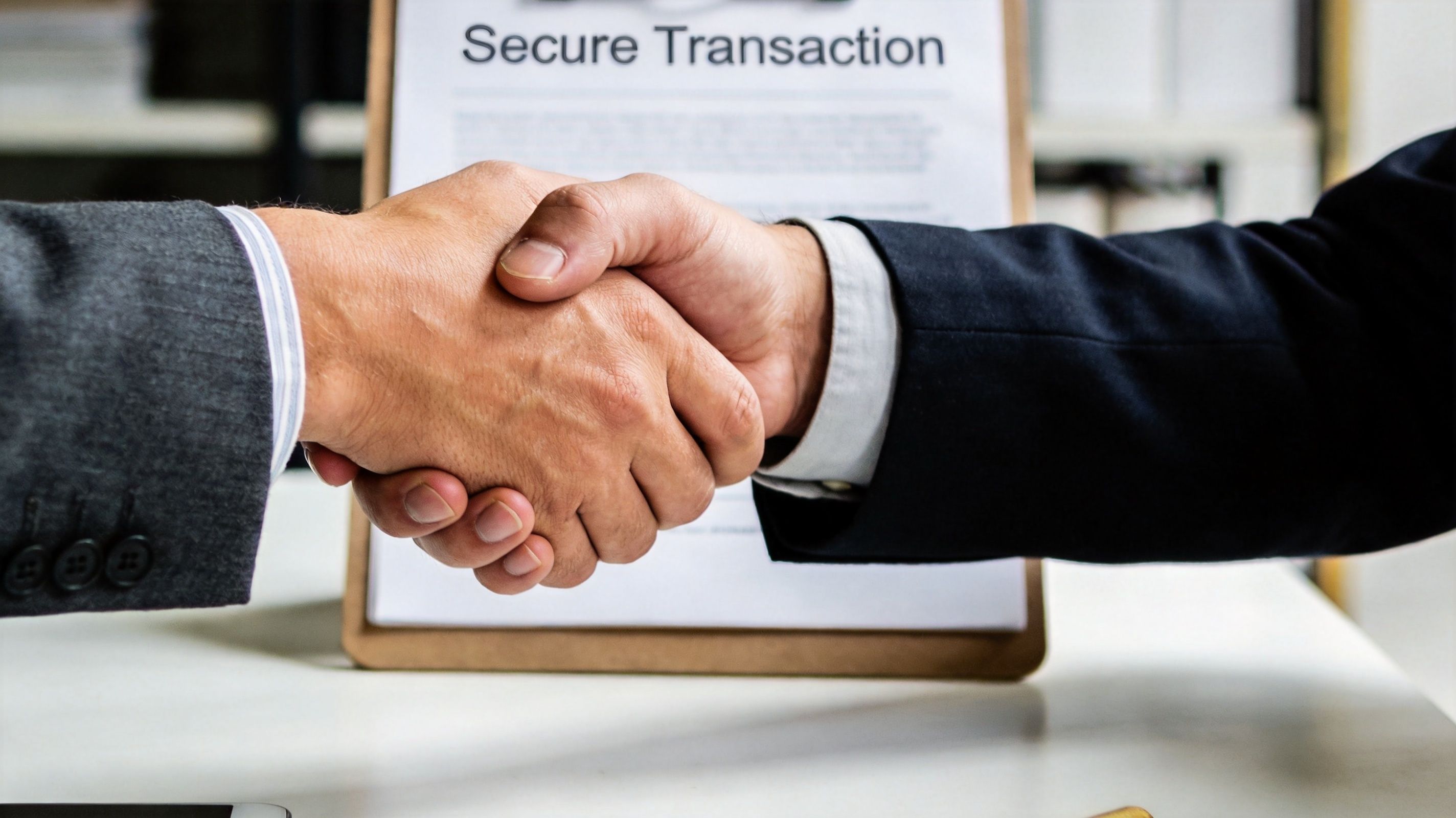 Two professional business partners shaking hands in front of a document labeled as a secure transaction.