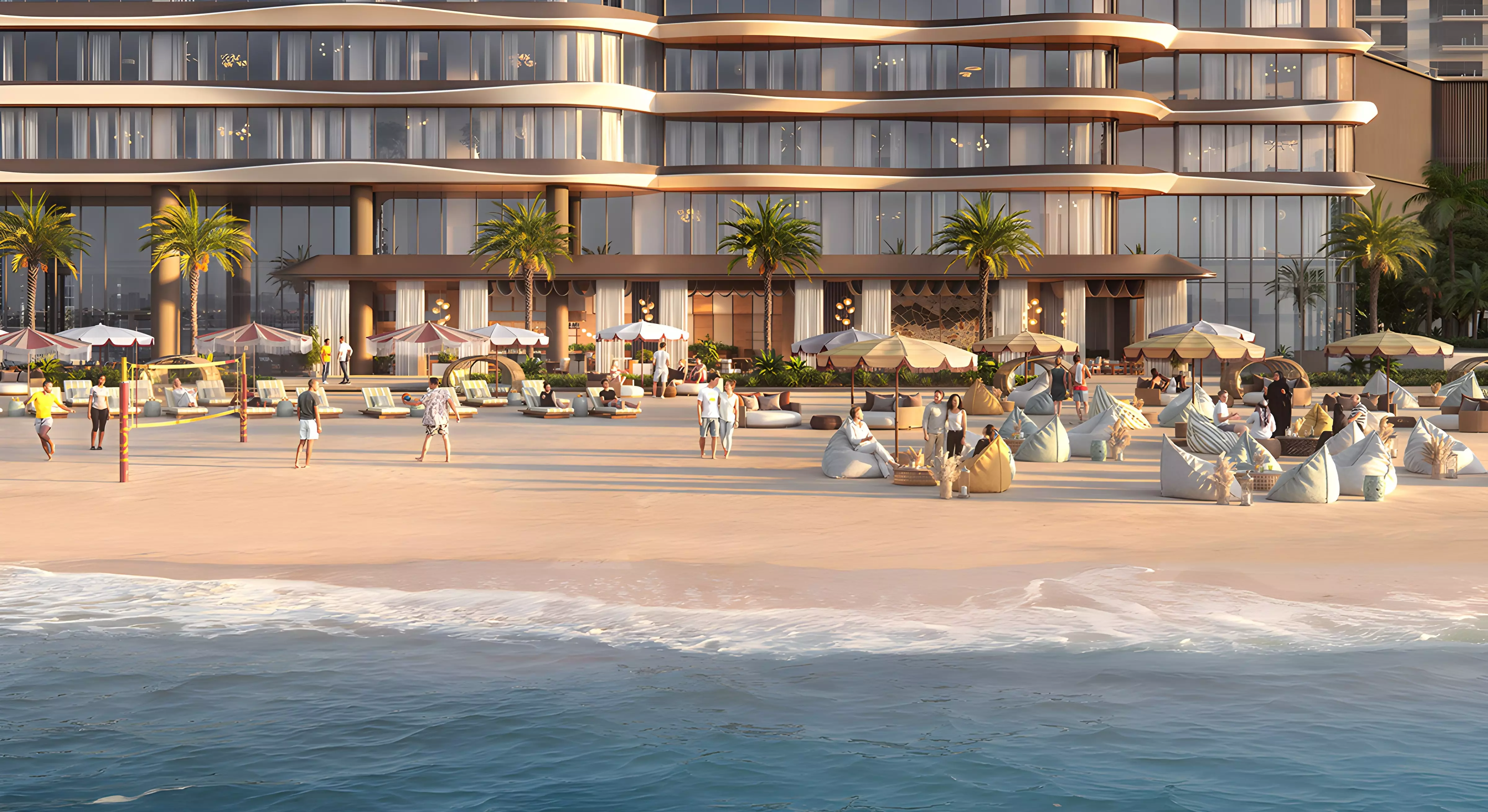 Private beach area with sunbeds and volleyball at The Bristol, Emaar Beachfront, Dubai