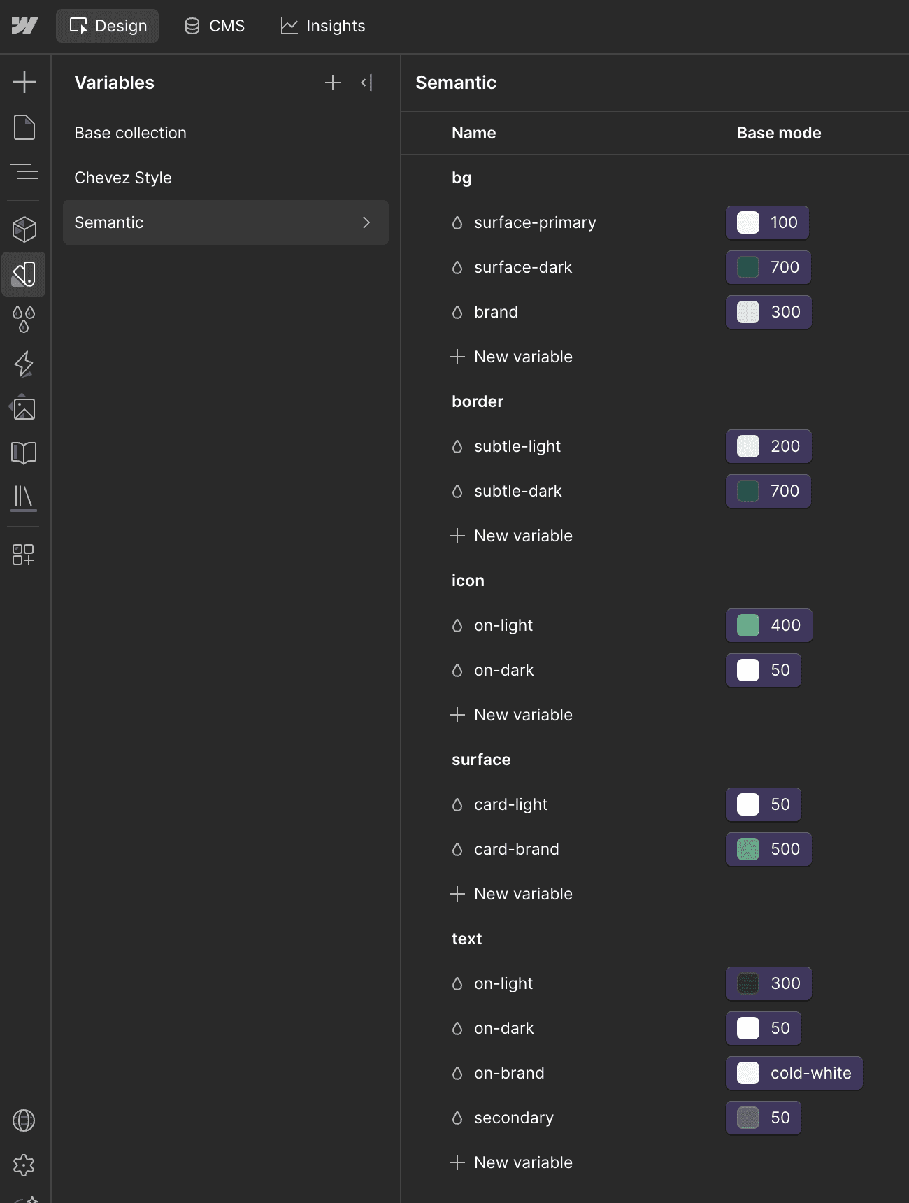 The same tokens in Figma and Webflow. The original 13 match by name; the 19 added later are the next sync.