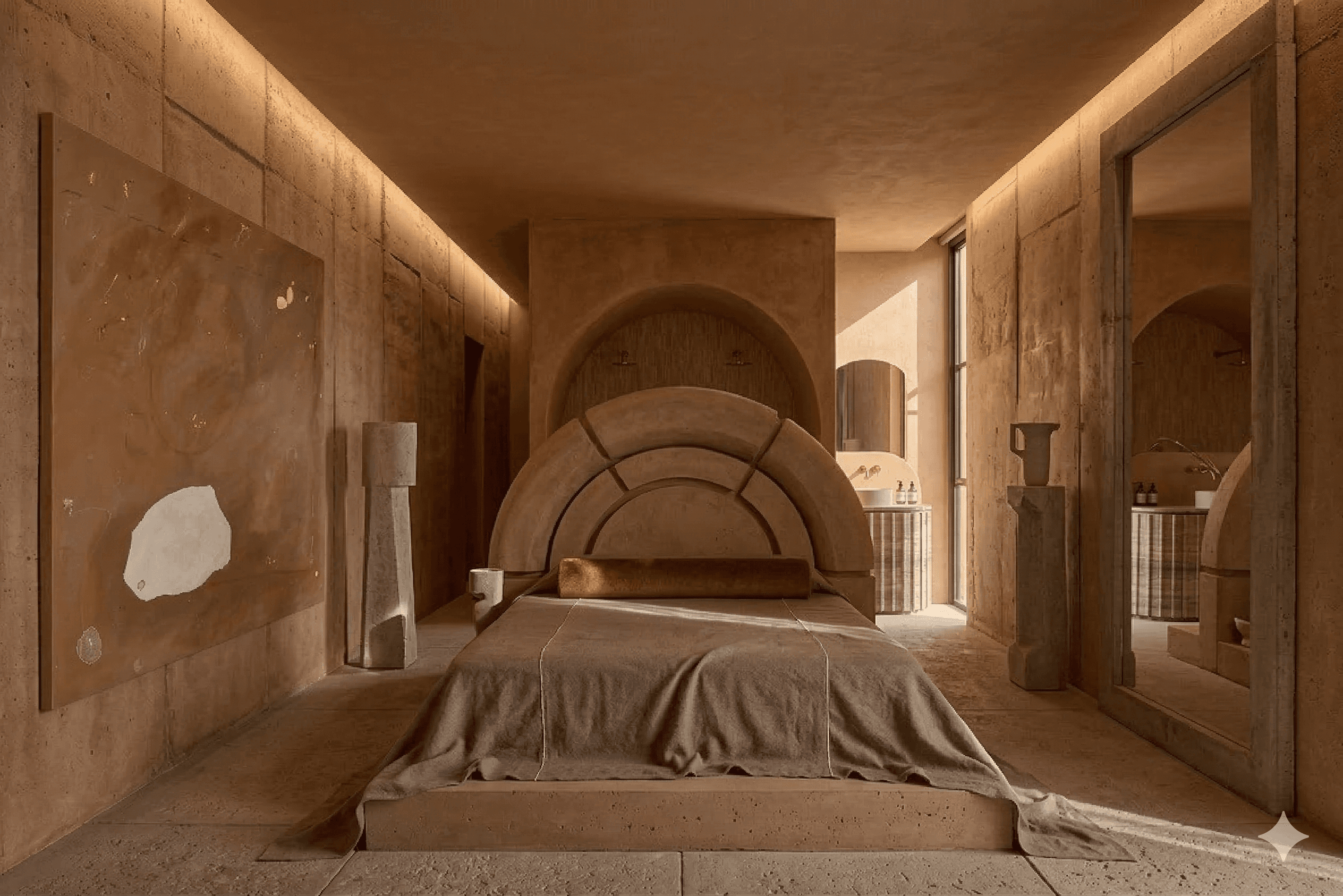 Minimalist interior with curved wooden staircase, rich wood textures, and soft ambient lighting.