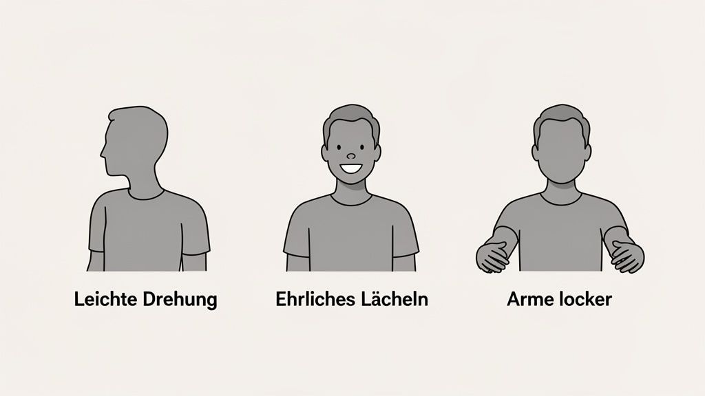 Drei Illustrationen zeigen Posen für ein Profilbild: leichte Drehung, ehrliches Lächeln und lockere Arme.