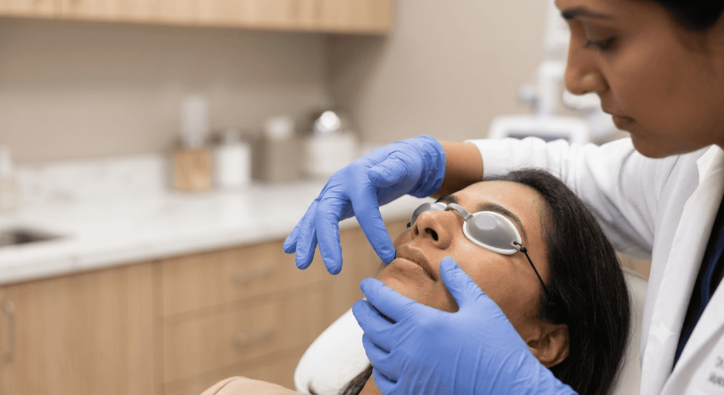 A professional macro shot of a dermatologist using a precise, specialized clinical tool near a patient's lips, focused on the safety and medical precision of the procedure. Soft focus, modern luxury clinic environment, cleanly gloved hands, highlighting advanced dermatological care for South Asian skin.