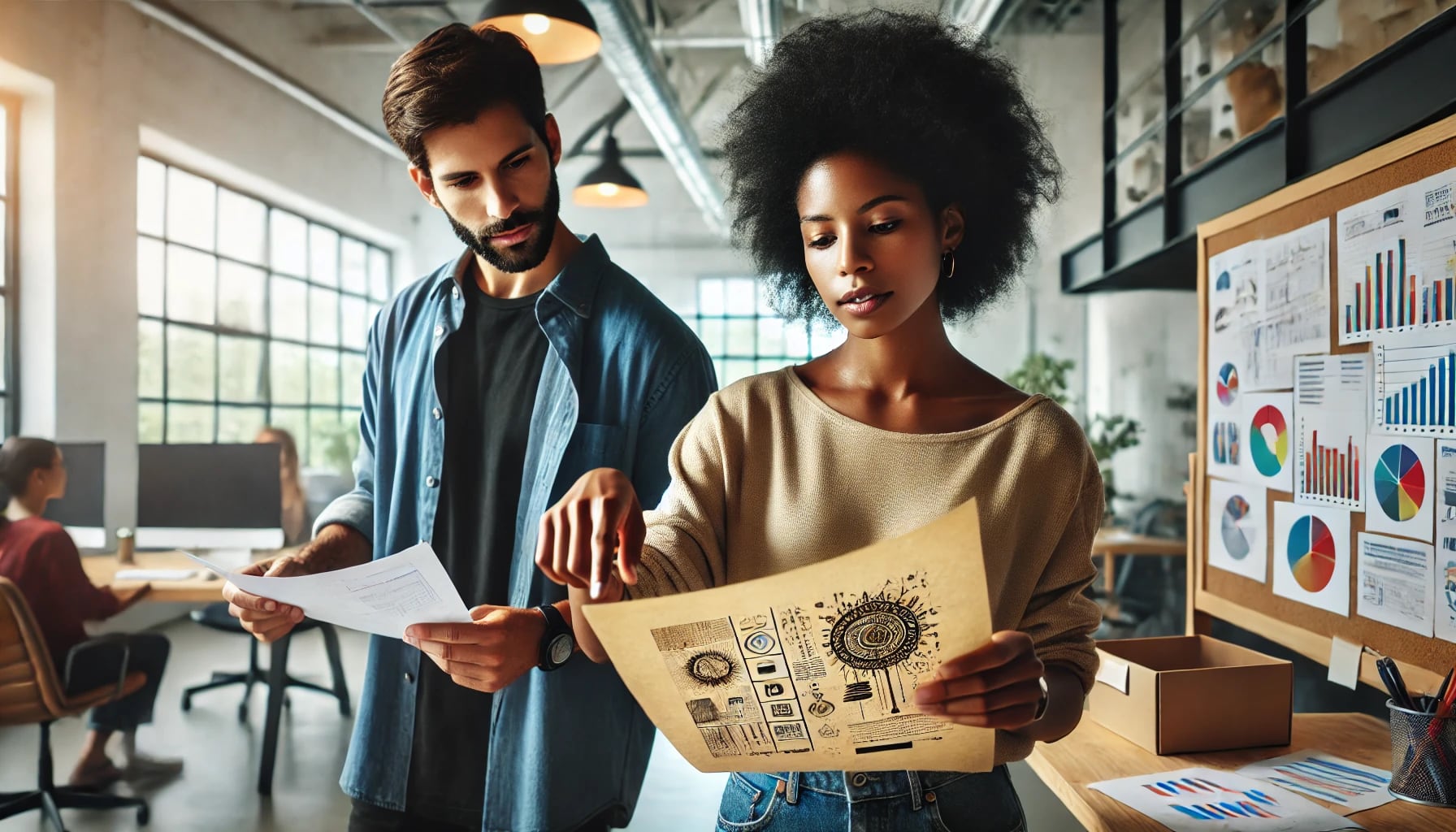 Uma profissional de marketing e um colega olhando para o mesmo documento em um ambiente de escritório criativo e estratégico. Ela está vestida com roupas casuais e criativas, apontando ativamente para o documento, enquanto ele também está focado nele. O escritório possui quadros brancos, gráficos e luz natural entrando pelas janelas. Ambos parecem engajados e envolvidos em seu trabalho. A imagem tem uma sensação natural e espontânea, com profundidade de campo sutil, reflexos de lente e leves imperfeições.