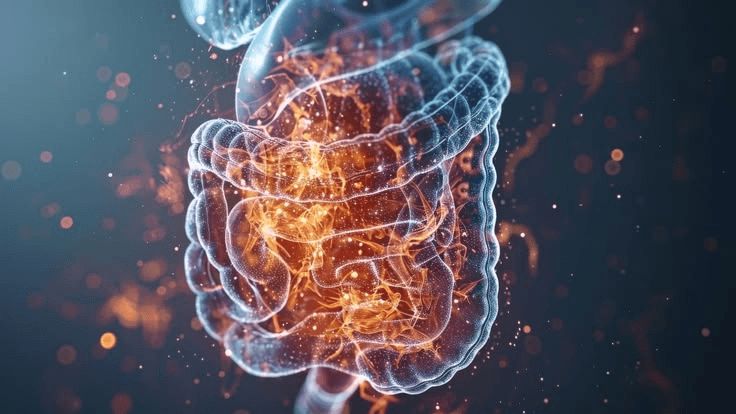 Human digestive system illustration, glowing intestines.