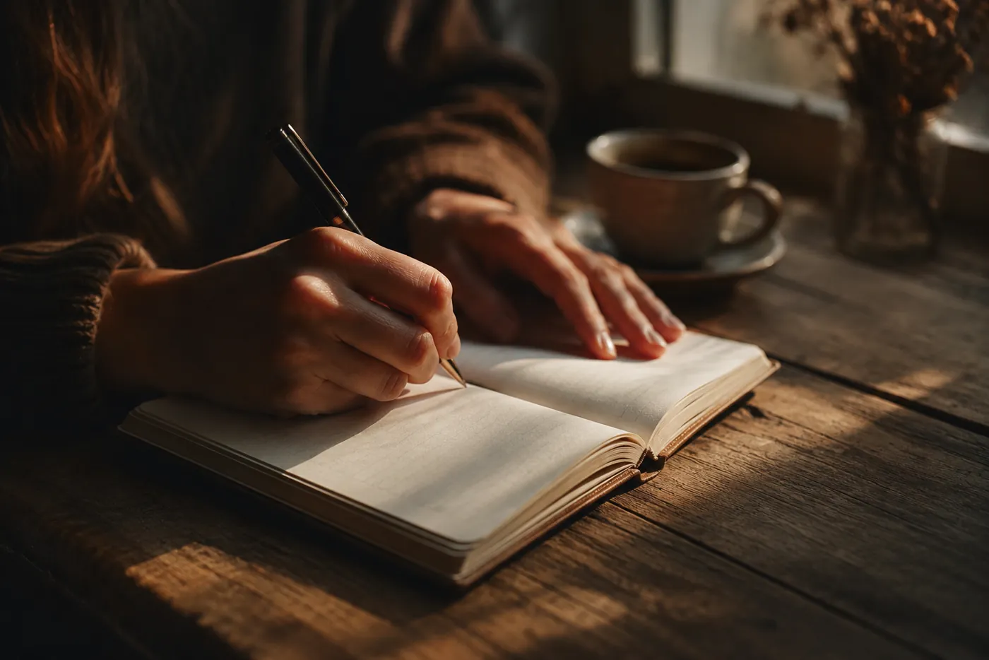 A hand writing in an open journal at a wooden desk beside a cup of tea