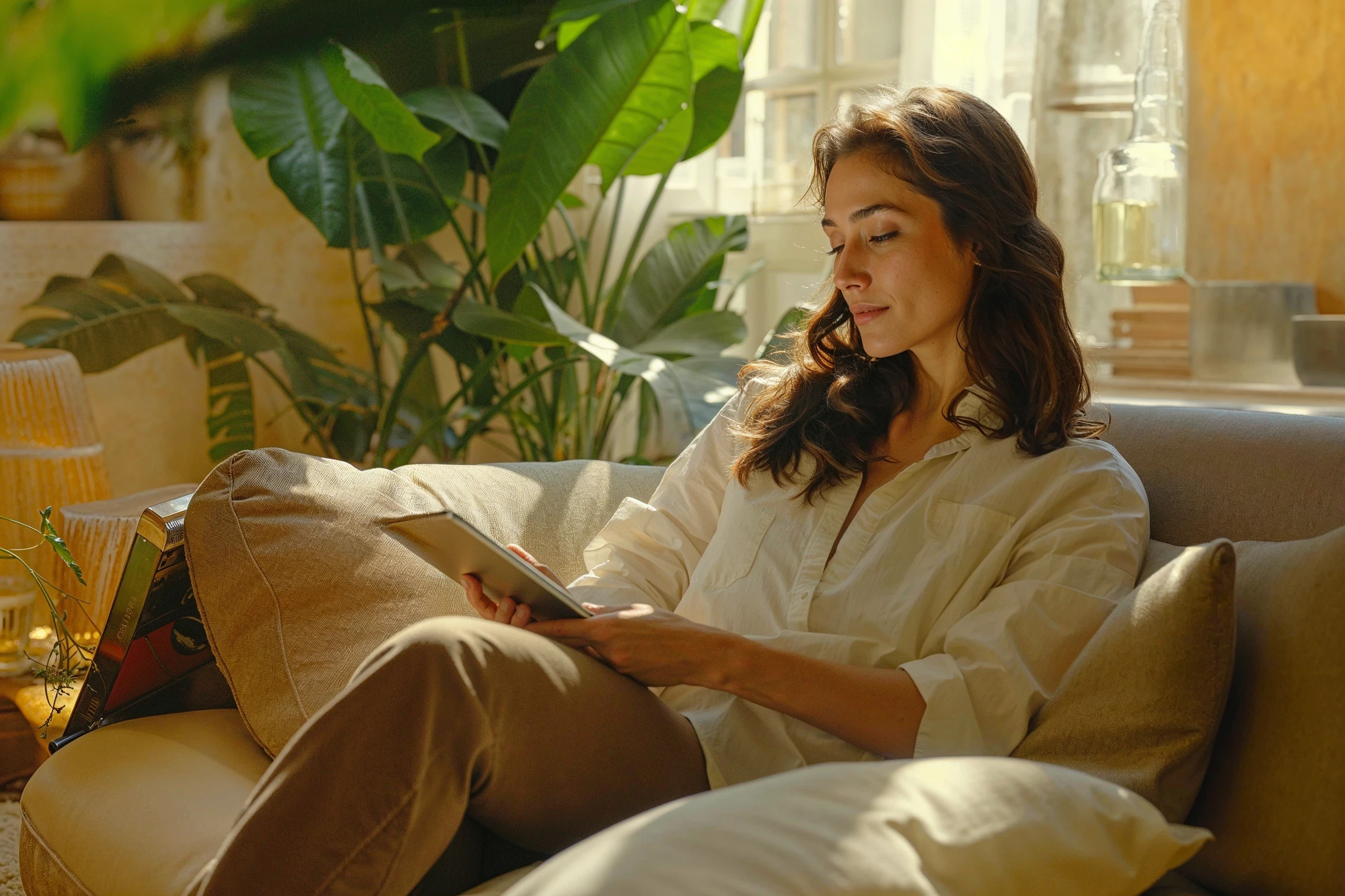woman looking at her test results on a tablet at home