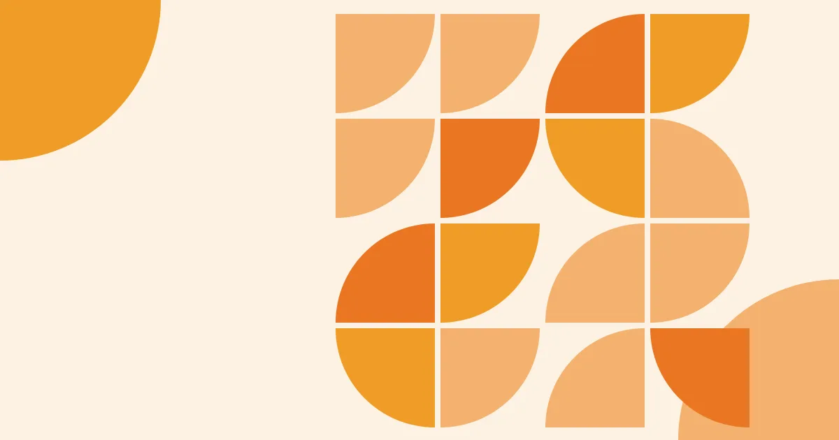 Ilustração abstrata sobre fundo creme: um mosaico de quartos de círculo em âmbar, pêssego e laranja, encaixados em grade, com formas grandes nos cantos.