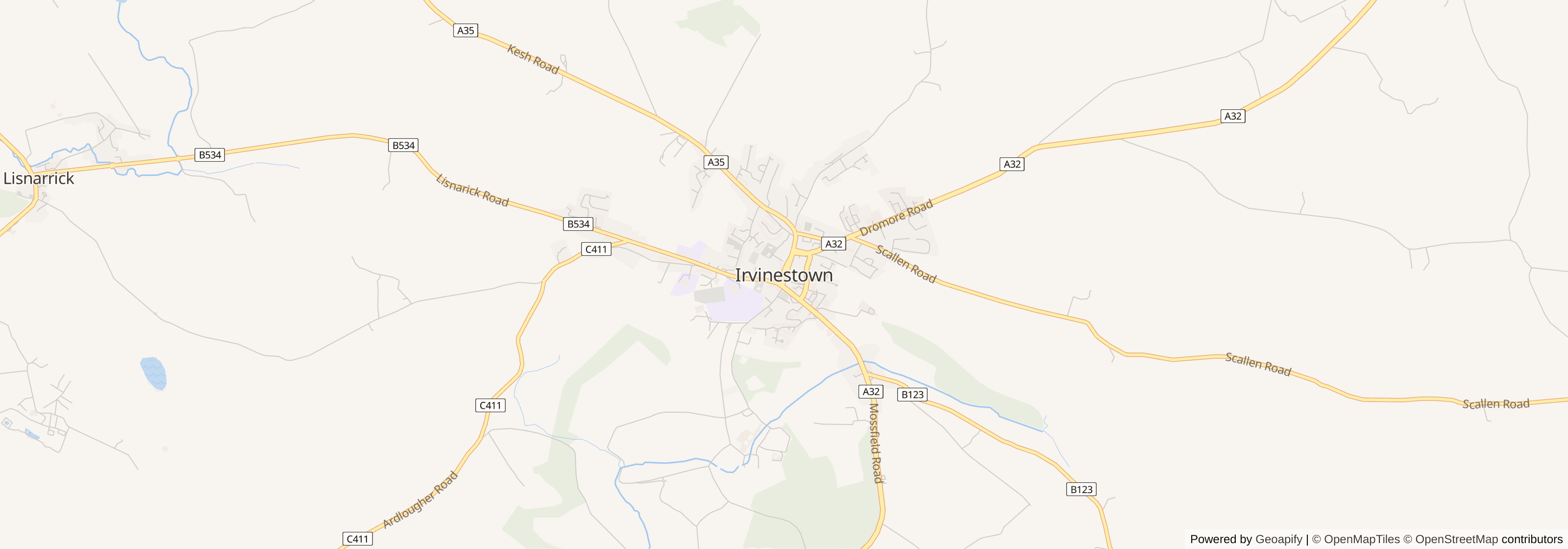 Street map of Irvinestown, County Fermanagh showing main roads and nearby areas