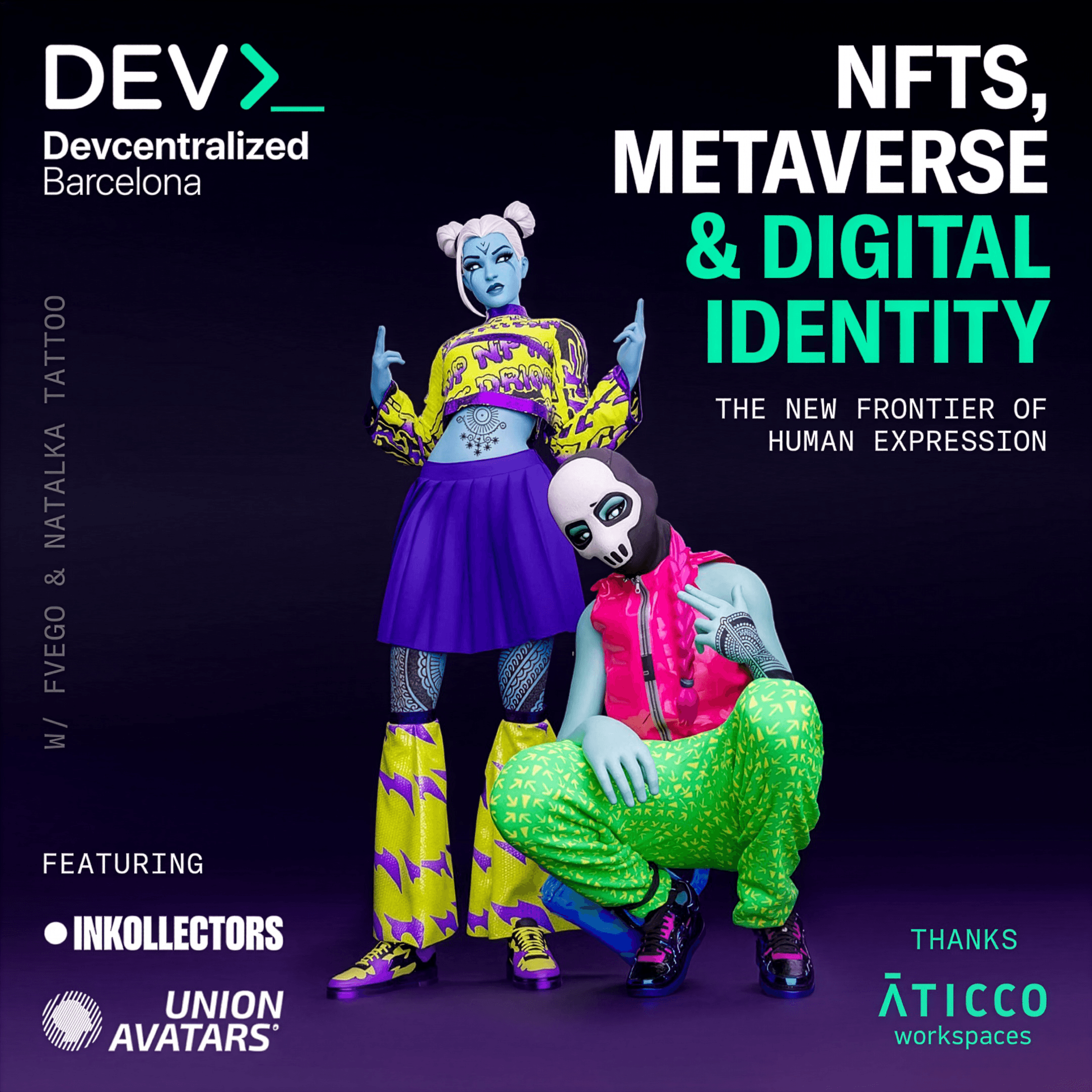 Devcentralized event flyer featuring INKOLLECTORS and UNION Avatars.