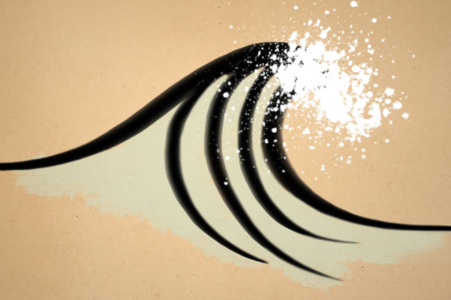 A black wave with curved, pointed crests is depicted against a light beige background. The wave’s form is stylized, with smooth curves transitioning into pointed tips. White splatters and dots are scattered near the wave’s crest, particularly concentrated on the right side. The wave’s base is rendered in a lighter, off-white color, creating a contrast with the black upper portion. The background has a subtle texture, resembling a paper or canvas surface.