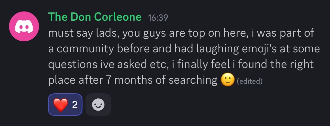 Discord testimonial from Evo X member The Don Corleone saying he finally found the right community after 7 months of searching