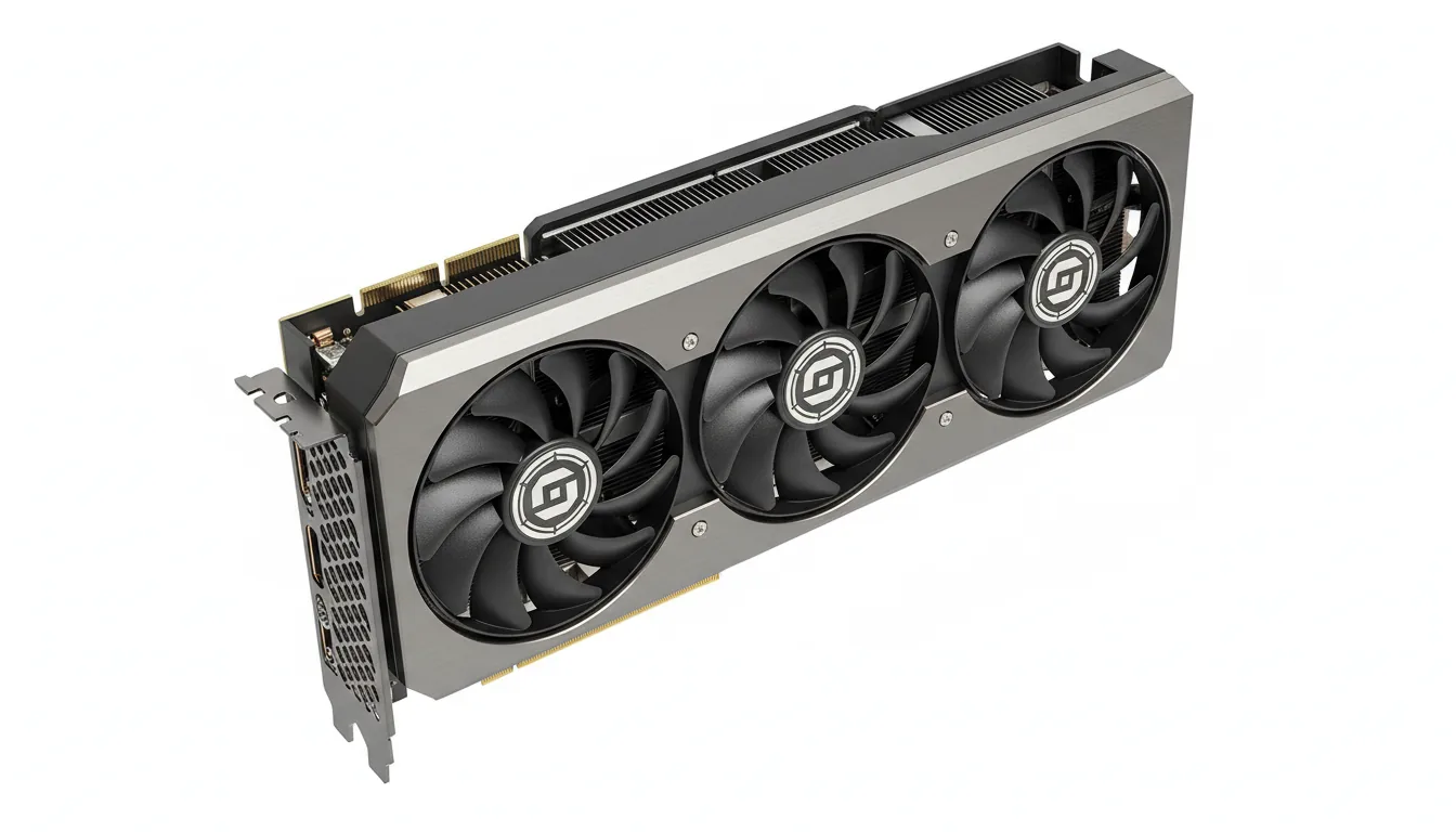 DSLR product shot of a modern, high-end triple-fan computer graphics card, isolated against a solid white studio background. The card is viewed from a three-quarter perspective, showcasing its angular design. Lit with bright, even, soft studio lighting, highlighting the textures of the brushed gunmetal-gray metal and matte black plastic shroud. Three large, black fans with curved blades are in sharp focus, with a stylized silver emblem on the central fan hub. The metal heatsink fins are visible along the top edge of the card. Professional hardware photography, hyper-detailed, clean aesthetic.