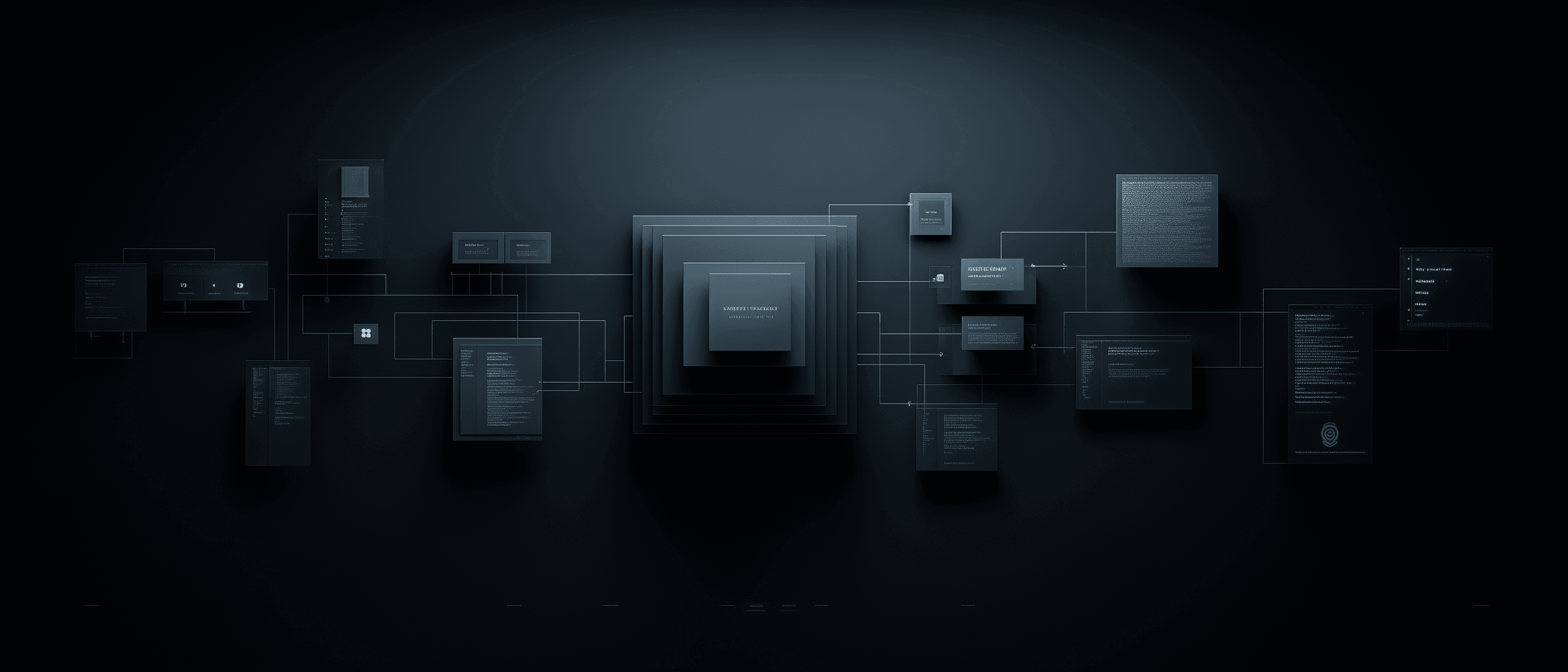 Abstract dark process diagram with connected interface panels and a central control layer, suggesting governed parcel flow and system orchestration.