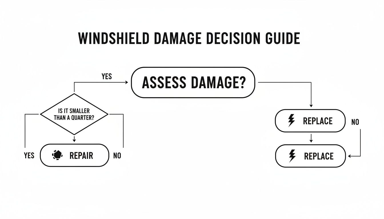 Flowchart illustrating the decision process for windshield damage, guiding between repair and replacement.