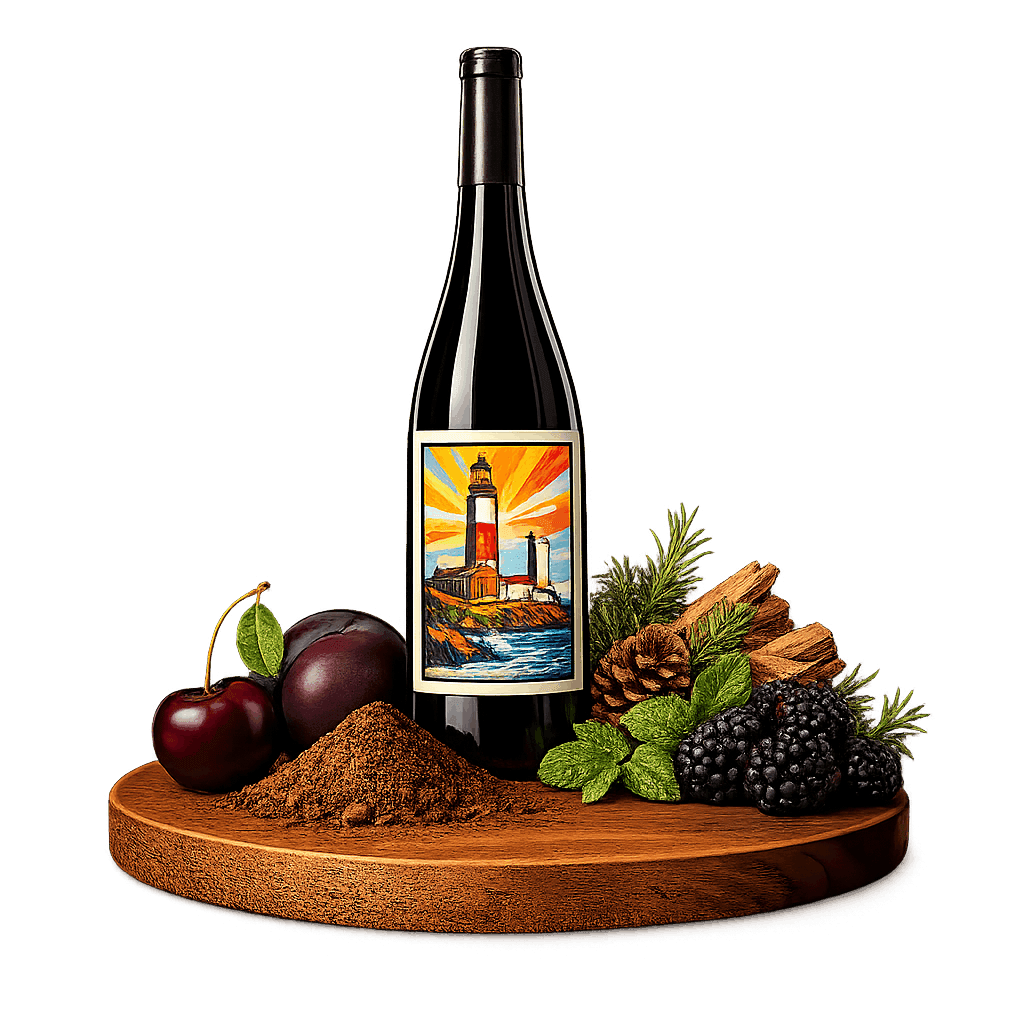 Artistic label and flavor profile for Long Island Merlot on a rustic wooden table.