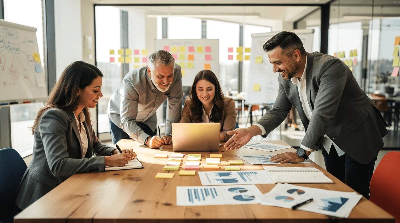Un groupe de professionnels se réunit autour d'une table lors d'un atelier collaboratif, discutant de thématiques liées à la formation sur mesure et au développement personnel. Ils échangent des idées sur les modules e-learning et les solutions adaptées aux besoins des équipes.