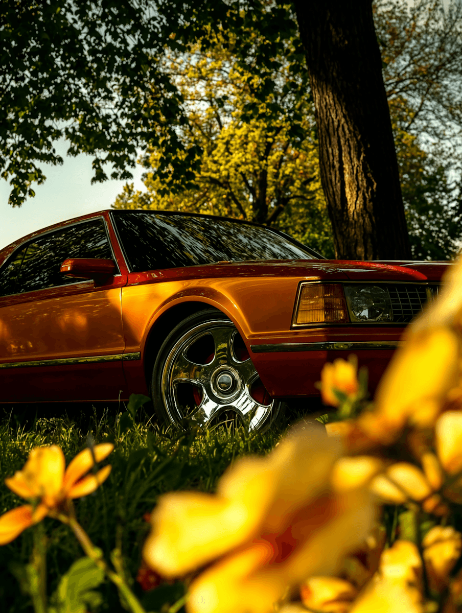 A vibrant orange car is partially visible, with yellow flowers in the foreground and lush greenery in the background.