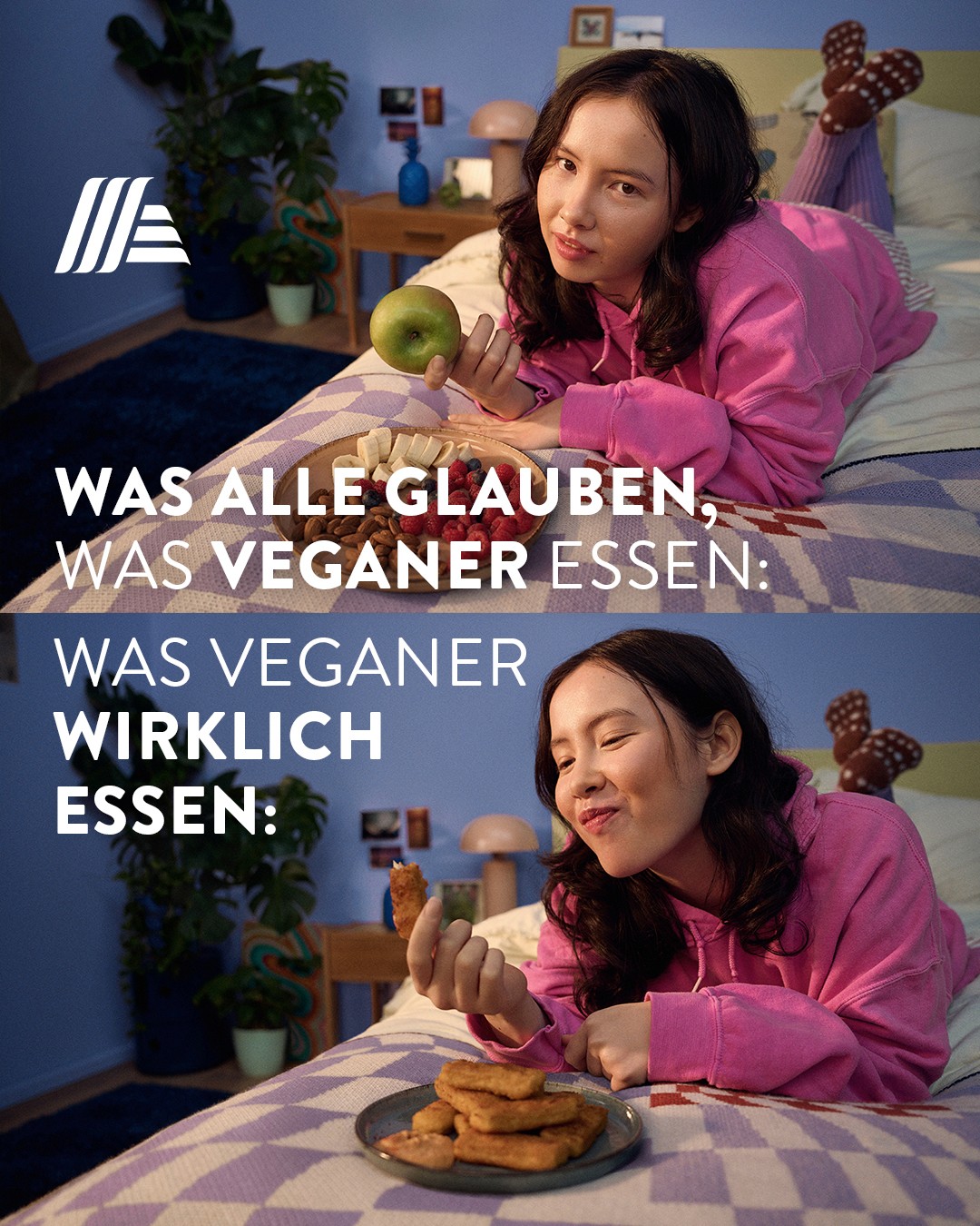Social media post comparing common assumptions about vegan food with realistic everyday eating habits.