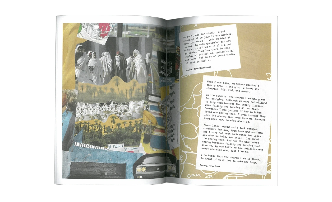 Double page avec des collages d'images et 2 témoignages de réfugiés en page de droite.