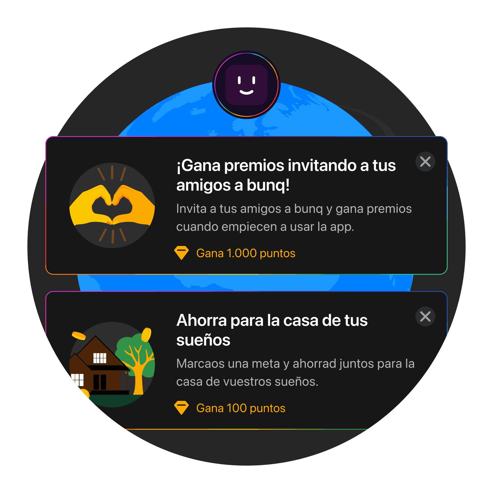 Image shows two circular icons with texts about earning rewards by tracking habits and completing tasks.