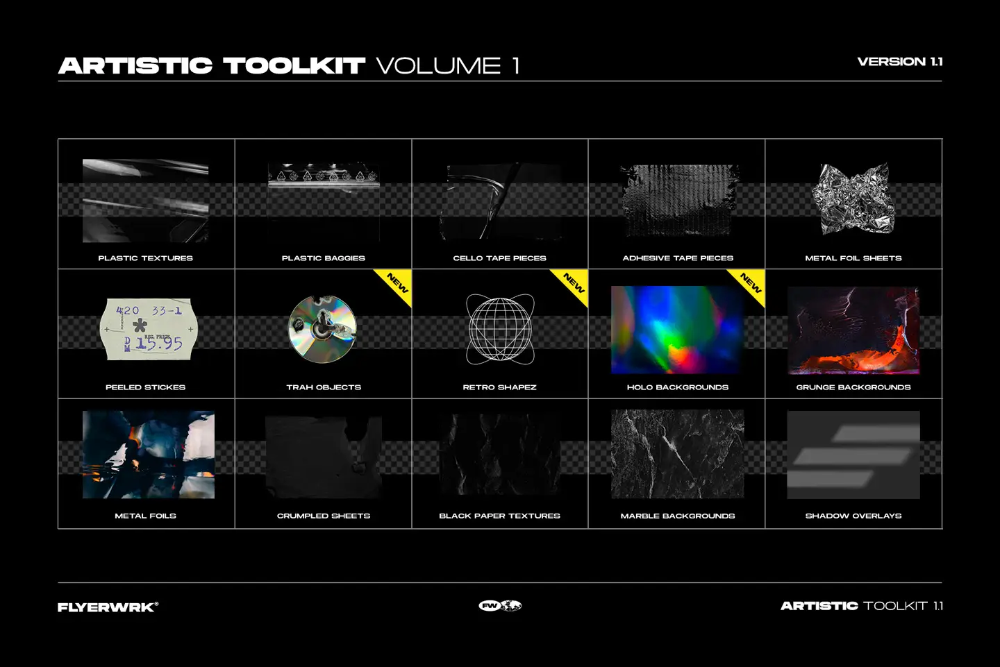 Artistic Toolkit 1 design assets overview showing holographic backgrounds metal foils and various paper textures