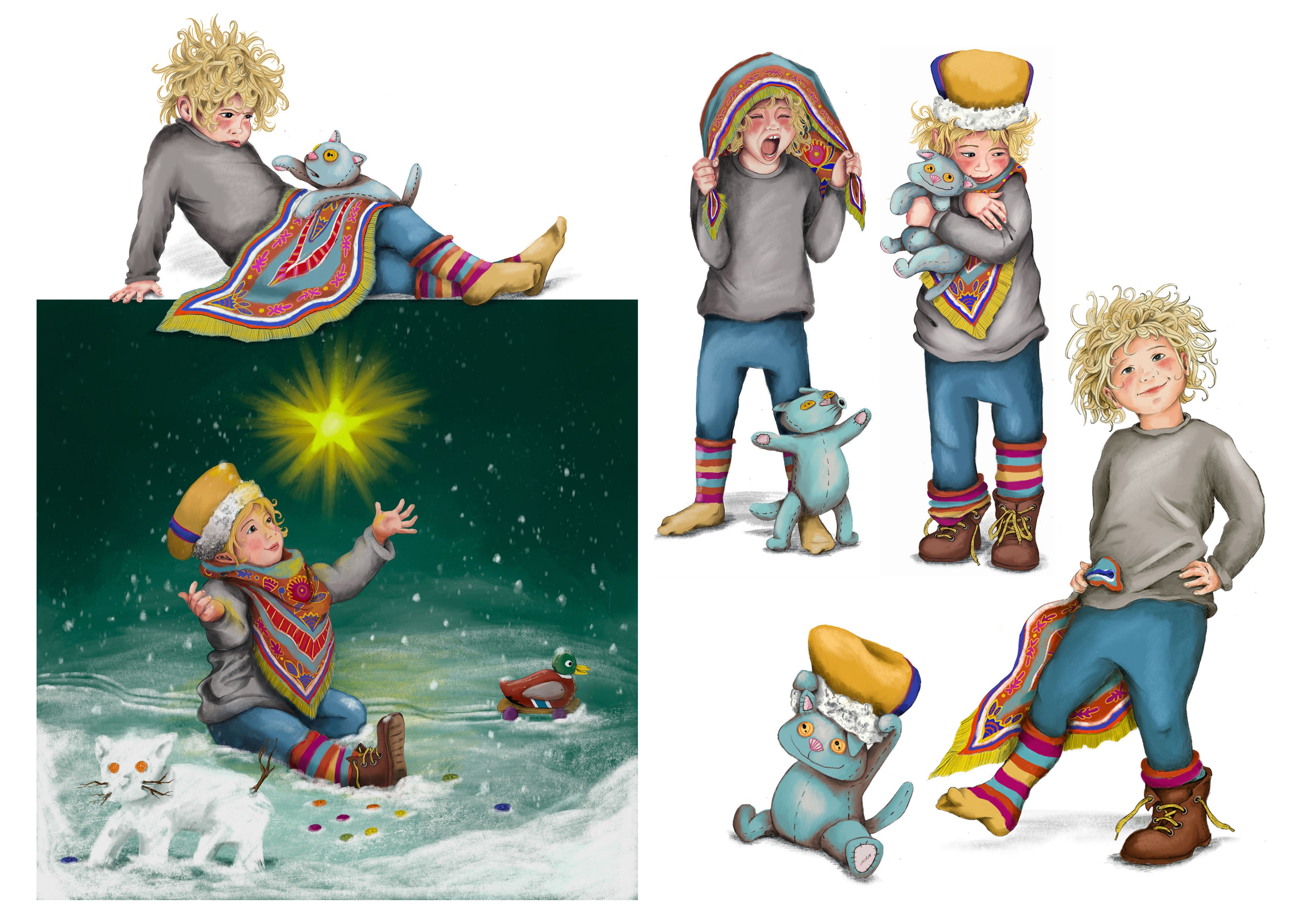 Ein Mädchen mit Wuschelkopf und Stoffkatze in verschiedenen Emotionen