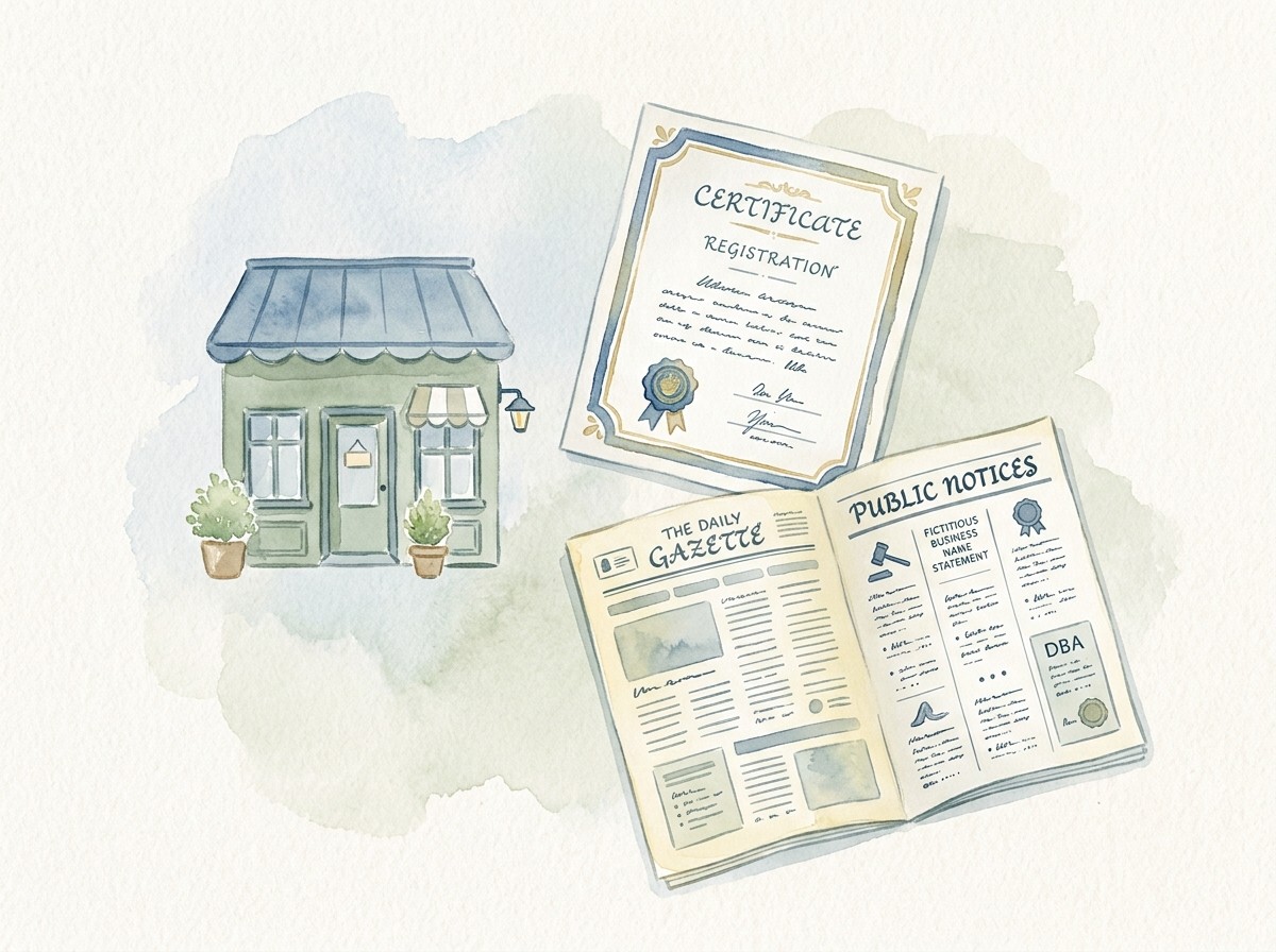 Watercolour of a small shopfront beside a business registration certificate and a newspaper open to its public notices page.