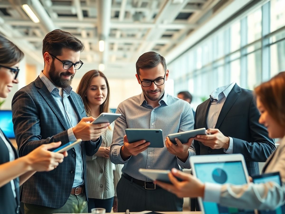 Financial professionals collaborating in a modern office setting.