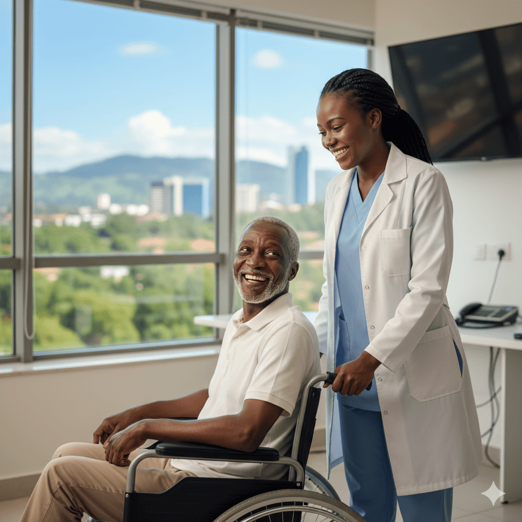 Doctor and patient holding hands after good news