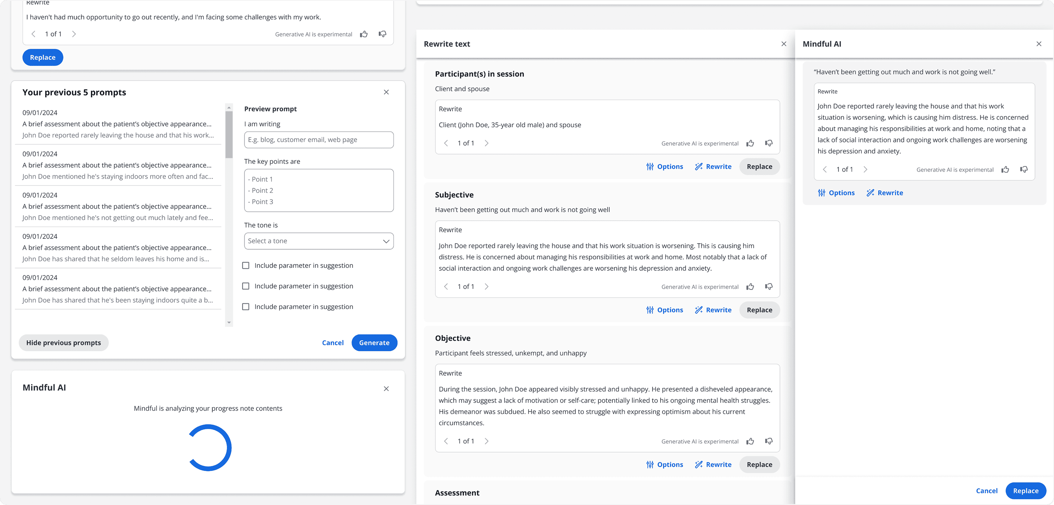 Early AI exploration screens showing a clinician note interface with multiple panels for rewriting text, reviewing prior prompts, and generating AI-assisted suggestions within a medical documentation workflow.