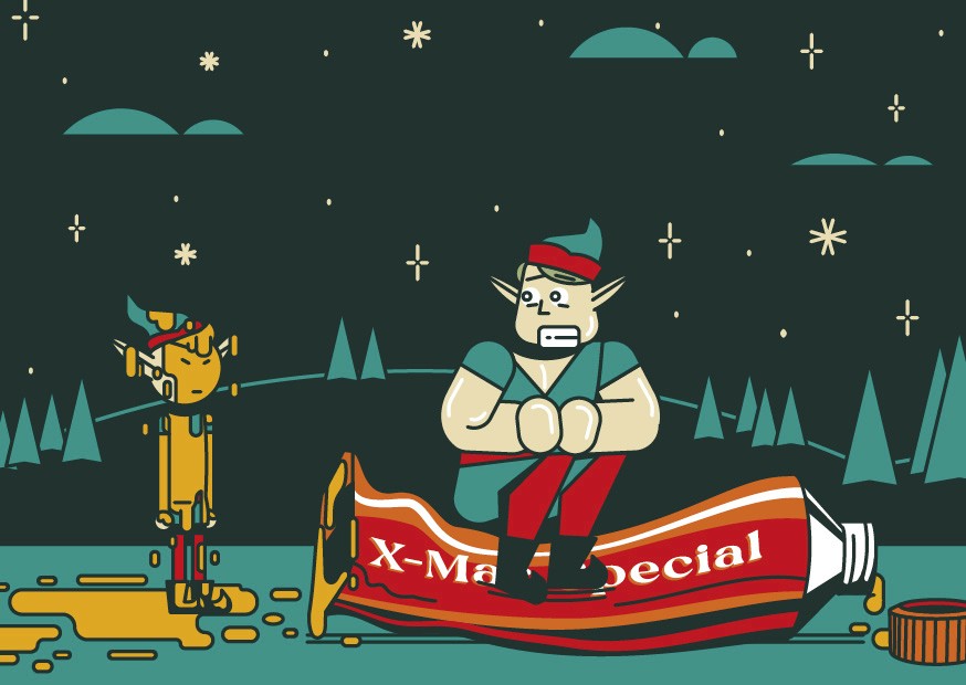 Funny illustration of two Christmas elves trying to open up a big Tube and the big elf accidentally spilled the contents of the Tube over the other elf.