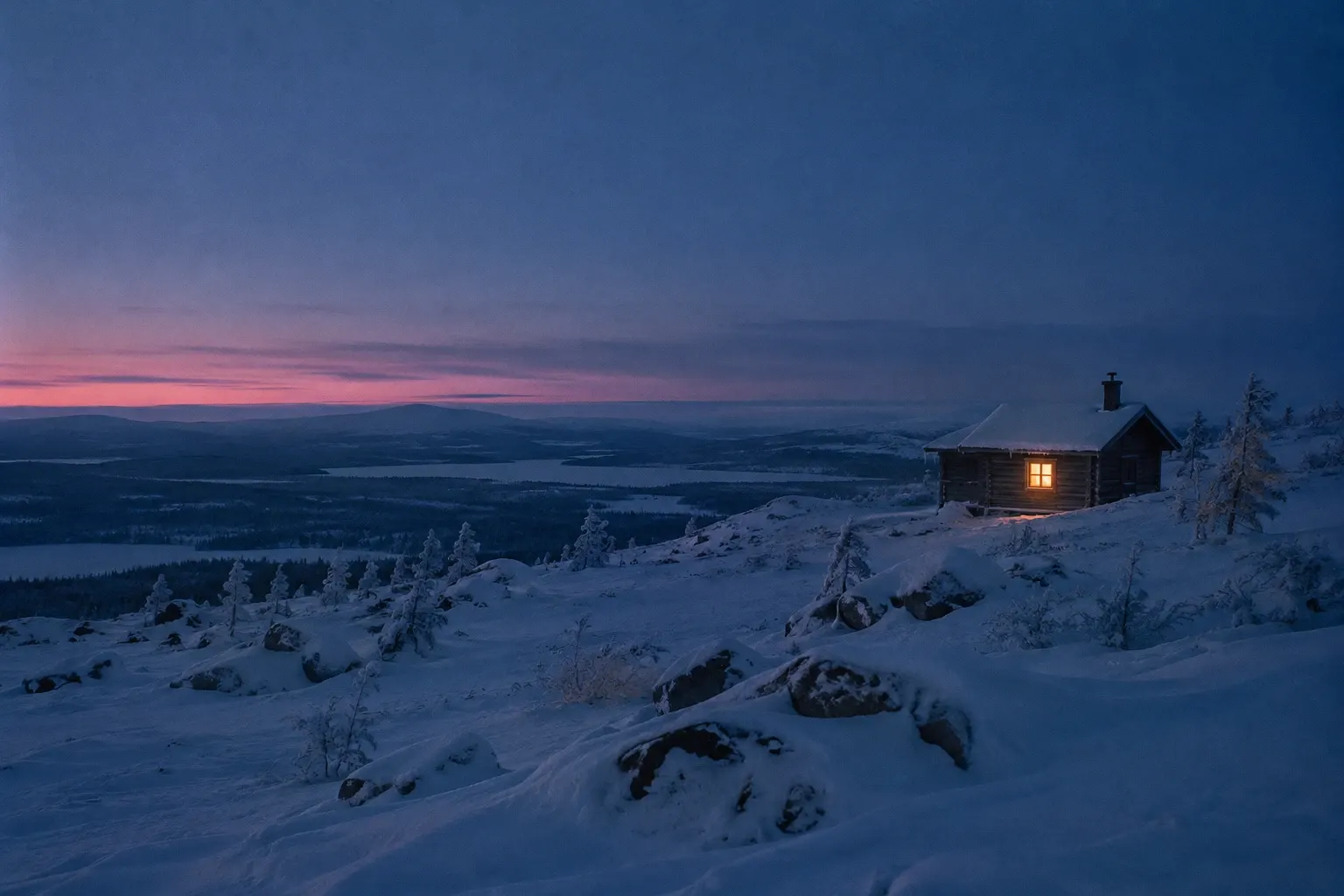 A log cabin with one lit window on a snowy fell, a pink band on the horizon and frozen lakes below.