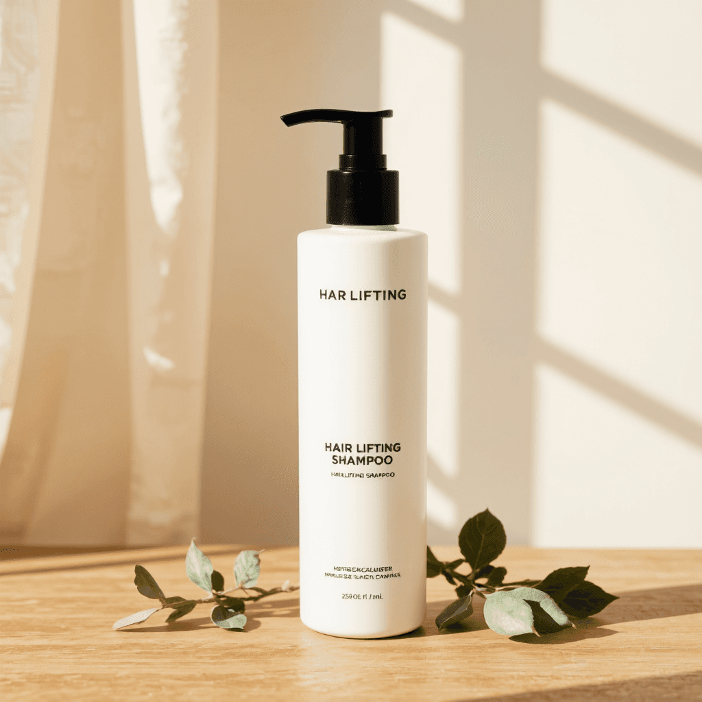 product photography of a bottle of hair lifting shampoo