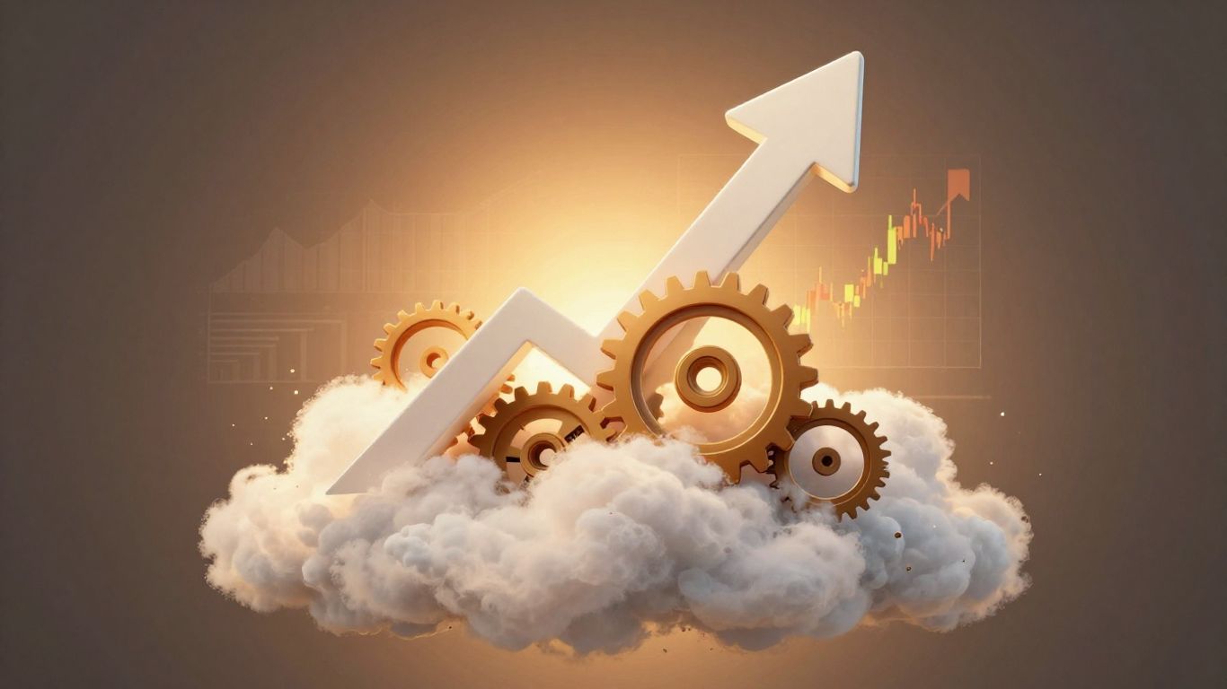 Upward arrow and gears indicating business growth and EBITDA improvement.