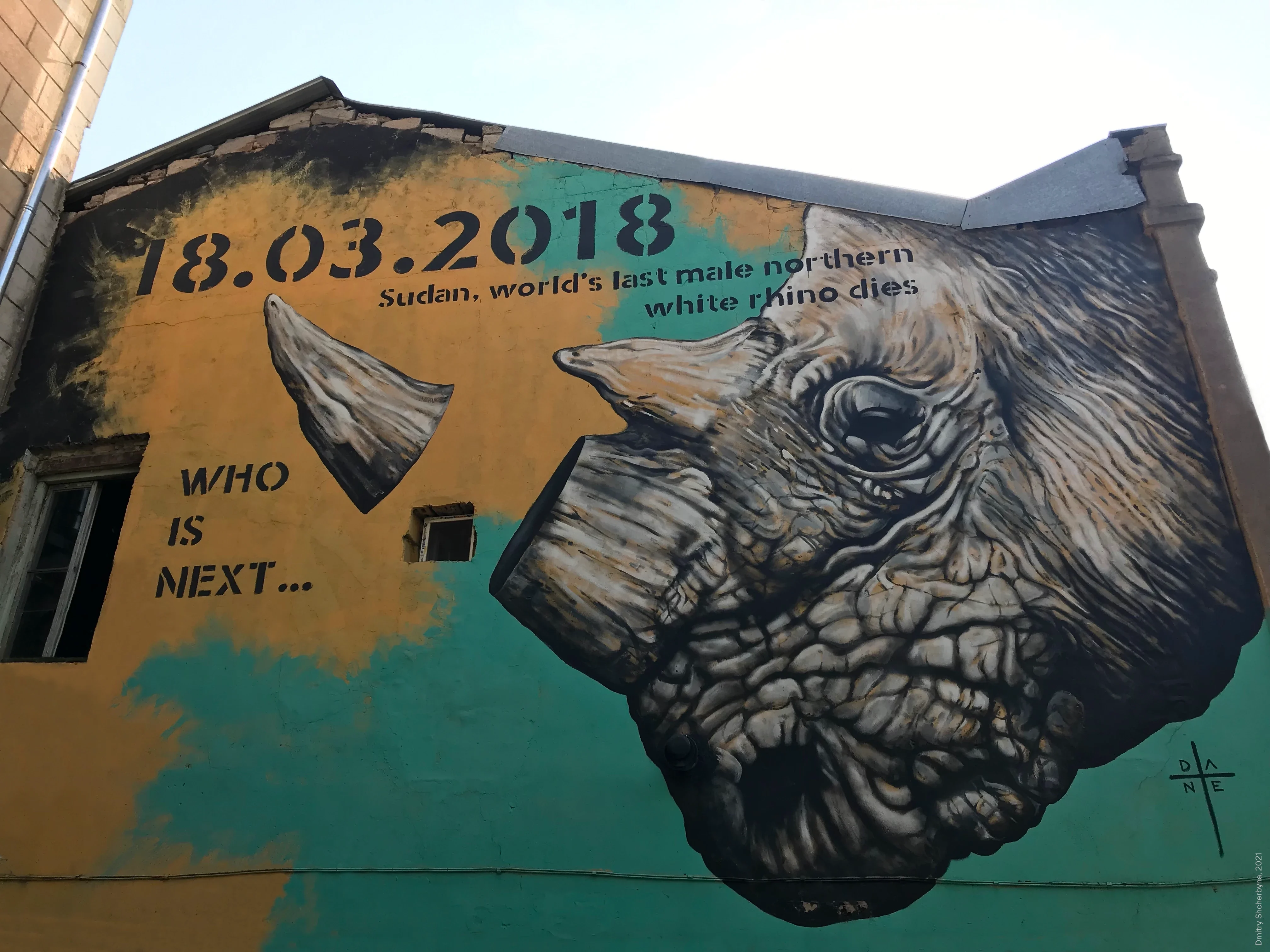 A mural memorializing the last male northern white rhino features a detailed grayscale rhinoceros head with its horn separated from its body. The text reads "18.03.2018," "Sudan, the world's last male Northern White Rhino dies," and "Who is next?"