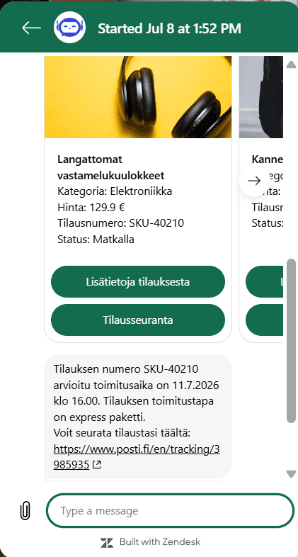 Screenshot of the AI agent's dialogue carousel, showing the order's product details, status, and tracking link directly in the chat window.