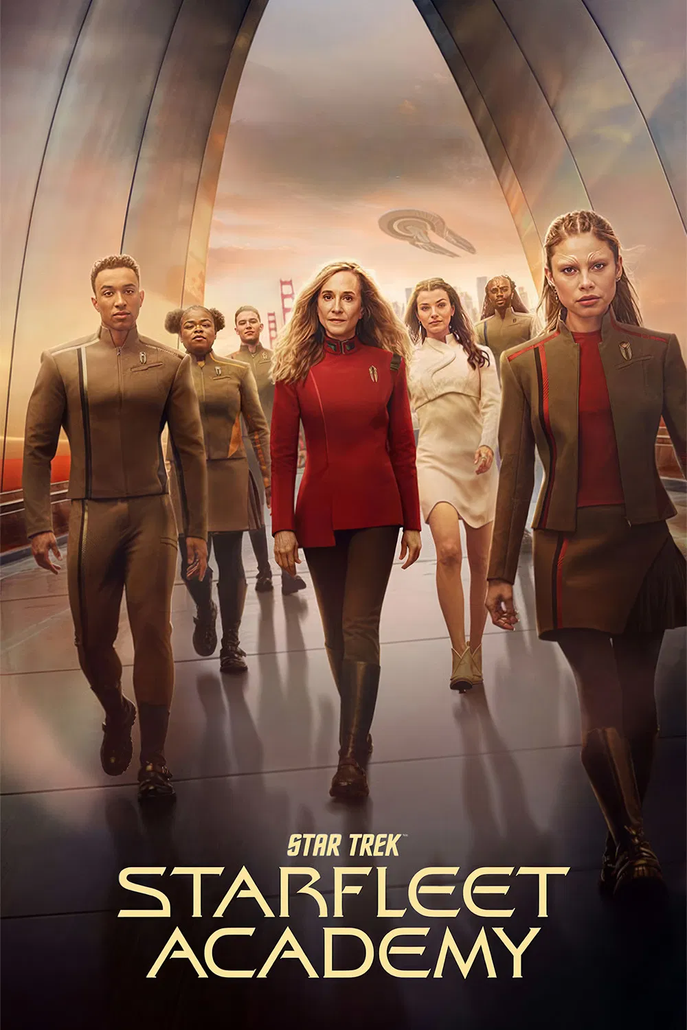 A diverse group of individuals in futuristic uniforms confidently walk through a sleek, modern corridor with large arched windows revealing a distant cityscape, embodying the essence of "Starfleet Academy" from the Star Trek universe.