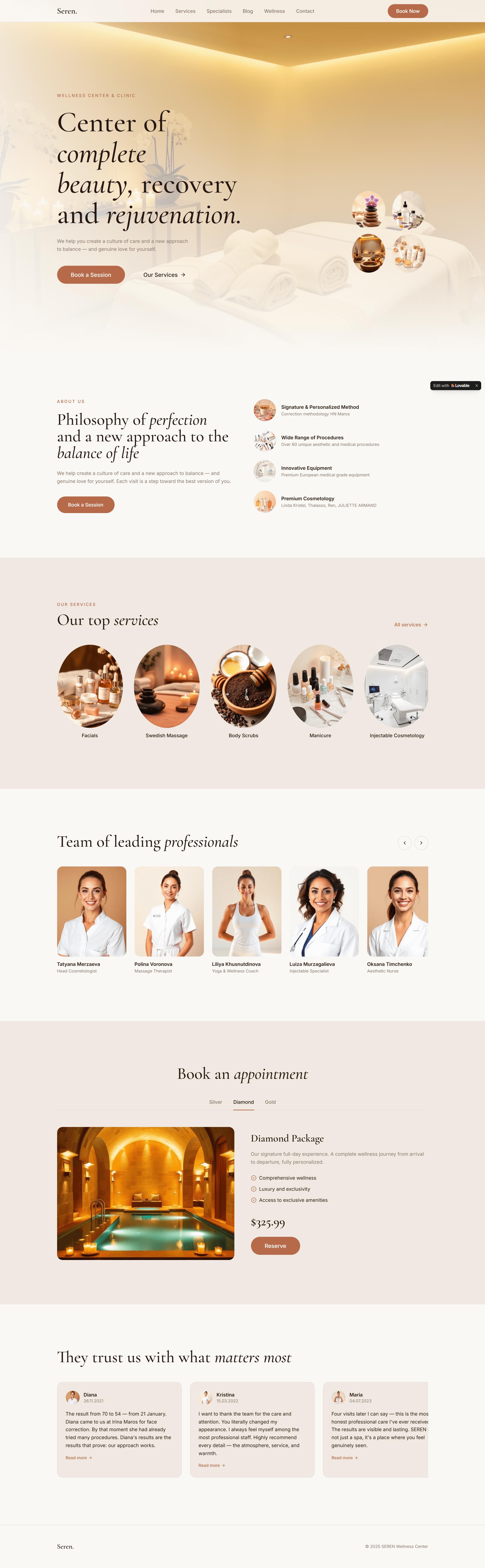 Spa Website Prompt full preview — complete spa and wellness website design showing hero, oval services grid, specialist team carousel, tabbed booking section and testimonials