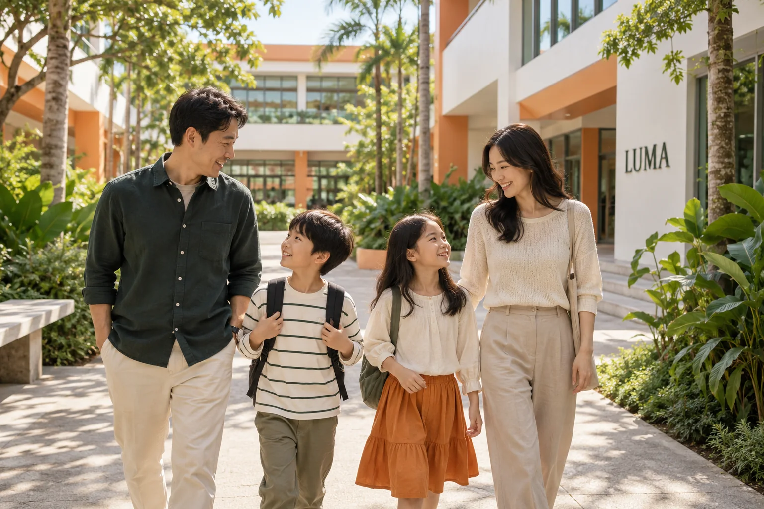 A Korean family walking through the academy garden