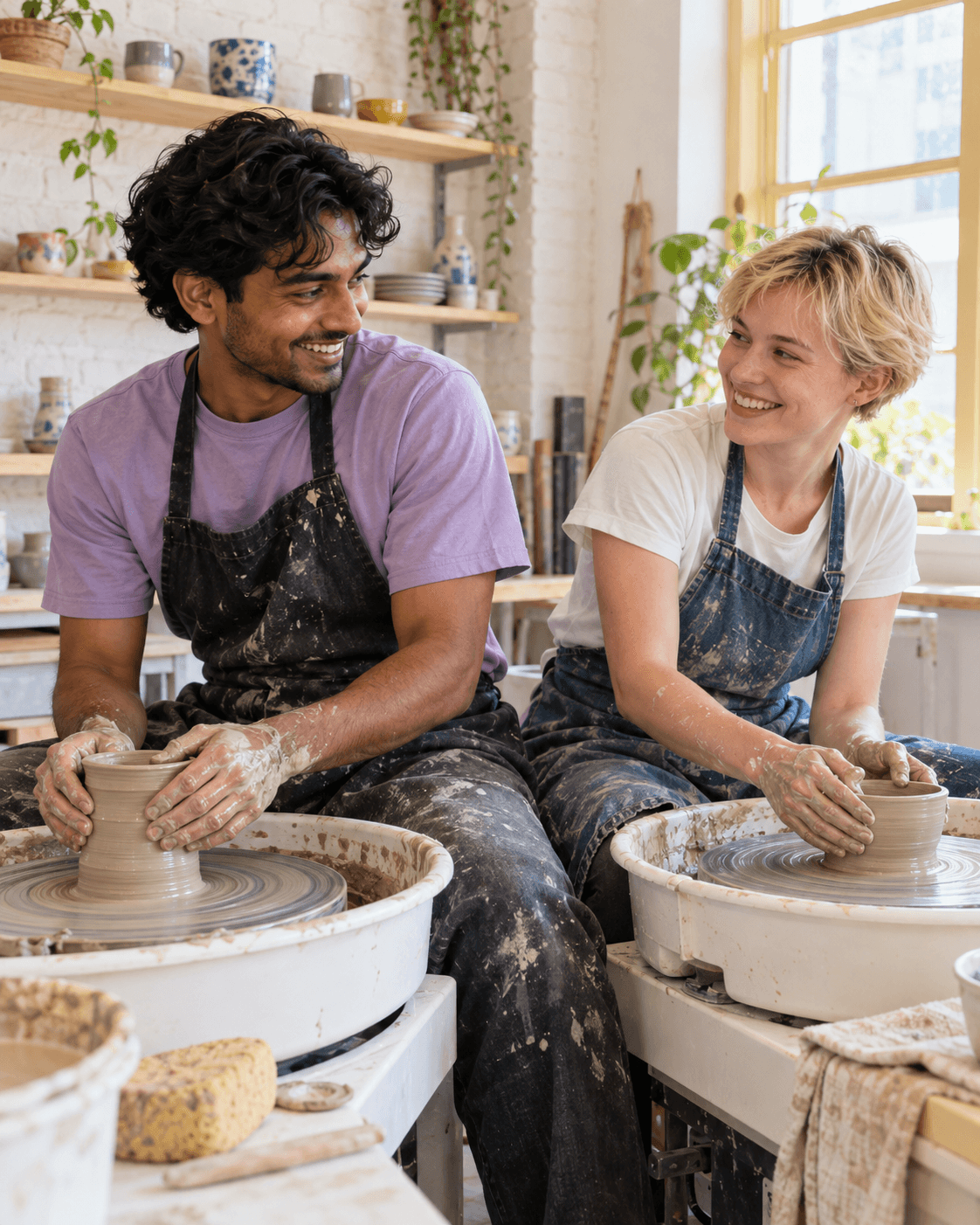 Two friends laughing as they work side by side at two wheels