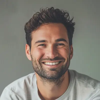Brunette man smiling, natural light, landscaping client testimonial portrait