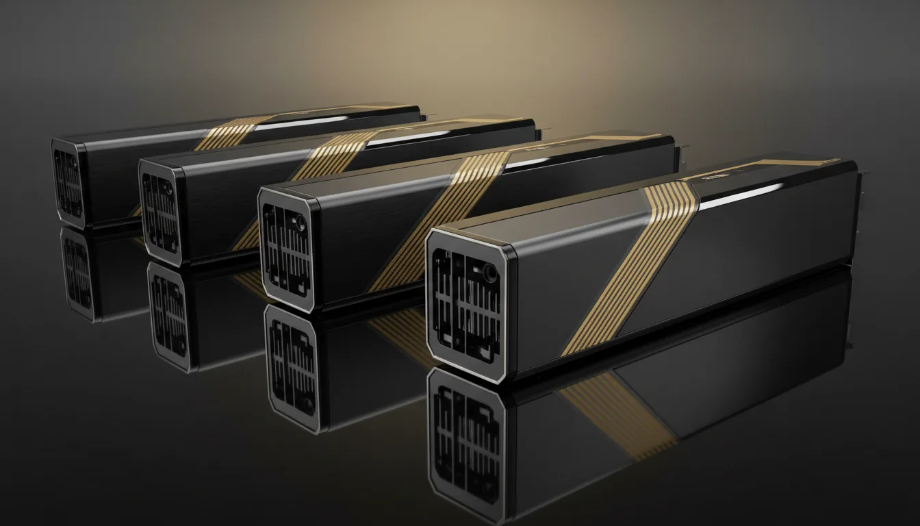 DSLR product photography of four sleek, professional workstation GPUs elegantly arranged on a dark reflective surface. The GPUs feature a minimalist black and gold design, with a matte black chassis, glossy black panels, and a textured gold accent stripe. The scene is illuminated by soft studio lighting, creating clean, sharp reflections and cinematic contrast. High-angle shot, sharp focus.