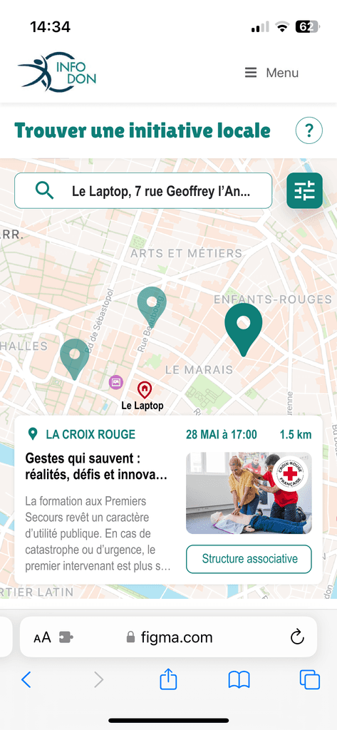 Prototype d'un site internet dédié à la générosité en France, affichant une interface conviviale avec des fonctionnalités d'engagement, y compris une carte permettant aux utilisateurs de se localiser et de découvrir des initiatives locales proches d'eux.